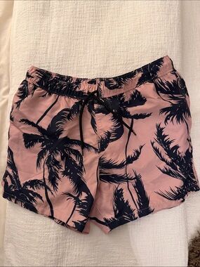 ASOS Pink and Navy Palm Print Swim Trunks